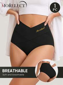 Morelect 1 buah Celana Dalam Wanita Pinggang Sedang-Tinggi, Desain Tali Silang, Warna Polos, Pengontrol Perut, Elastis, Membentuk Tubuh, Pas di Badan, Lembut - Hitam - View 6