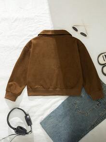 Jaket Kasual Sehari-hari untuk Anak Perempuan, Model Maillard, Warna Polos, Bahan Suede, Kerah Bulu, Resleting, Musim Gugur/Dingin - Coklat - View 2