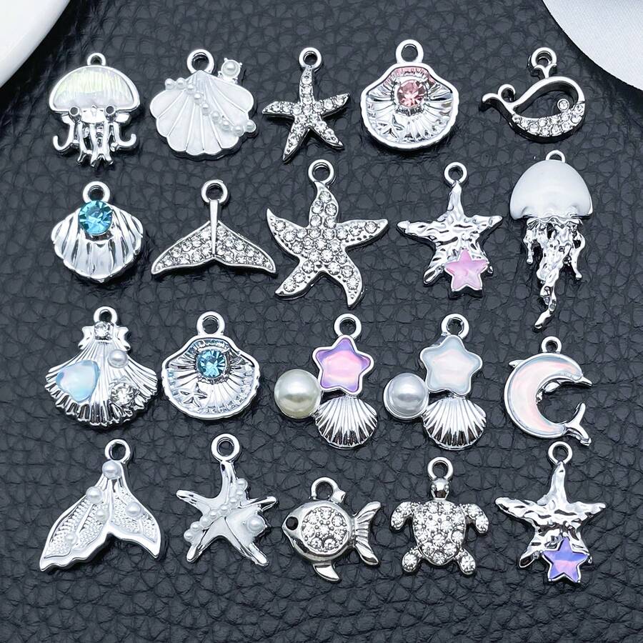 5/20pcs Silvery Ocean Charms Rhinestone Shell Starfish Mermaid Tail Dolphin Jellyfish Pendant For DIY Bracelet Necklace Jewelry Making Findings