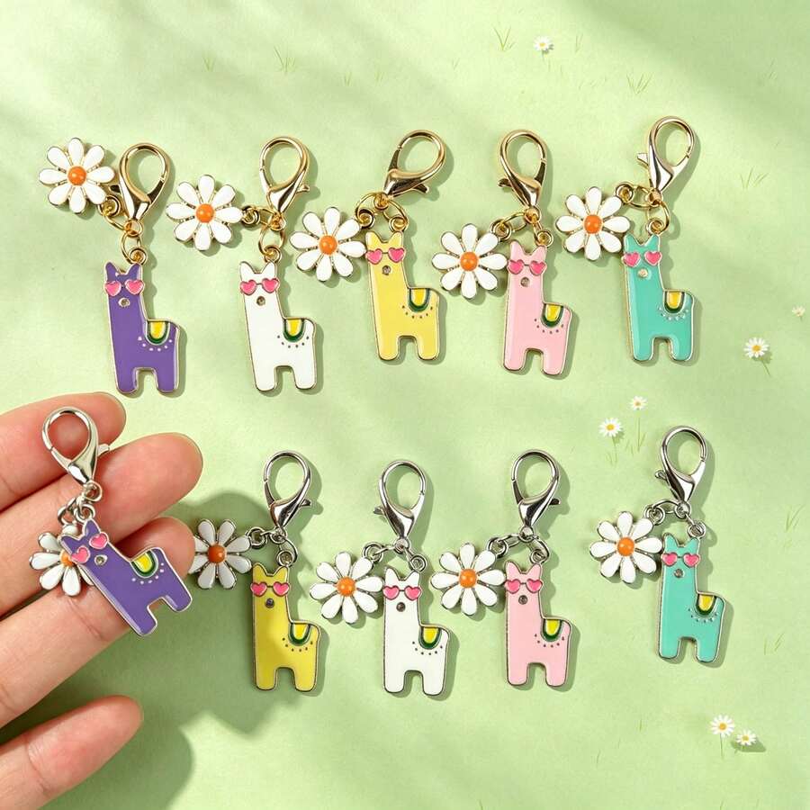 10pcs Gold & Silver Alpaca And Flower Keychain Set, Car Key Accessories Pendant, Fashionable Bag Charm For Daily Wear, Family Fun Souvenir, Creative Birthday Gift For Friends - Multicolor - View 1