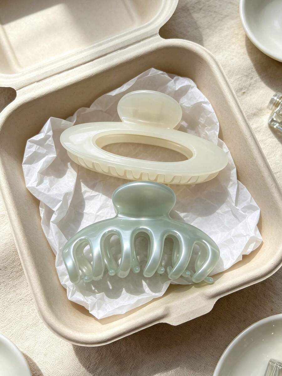 2pcs/1pc 11cm/4.33in Dark Green Dragon Bone Round White Fashionable, Versatile, Elegant, Minimalist, Solid Color Hair Clips, Suitable For Daily Wear, Casual Occasions, Parties, Commuting, Beach, Vacation, Ponytail, Updo, Face Washing, Makeup And Other Scenes - Multicolor - View 1