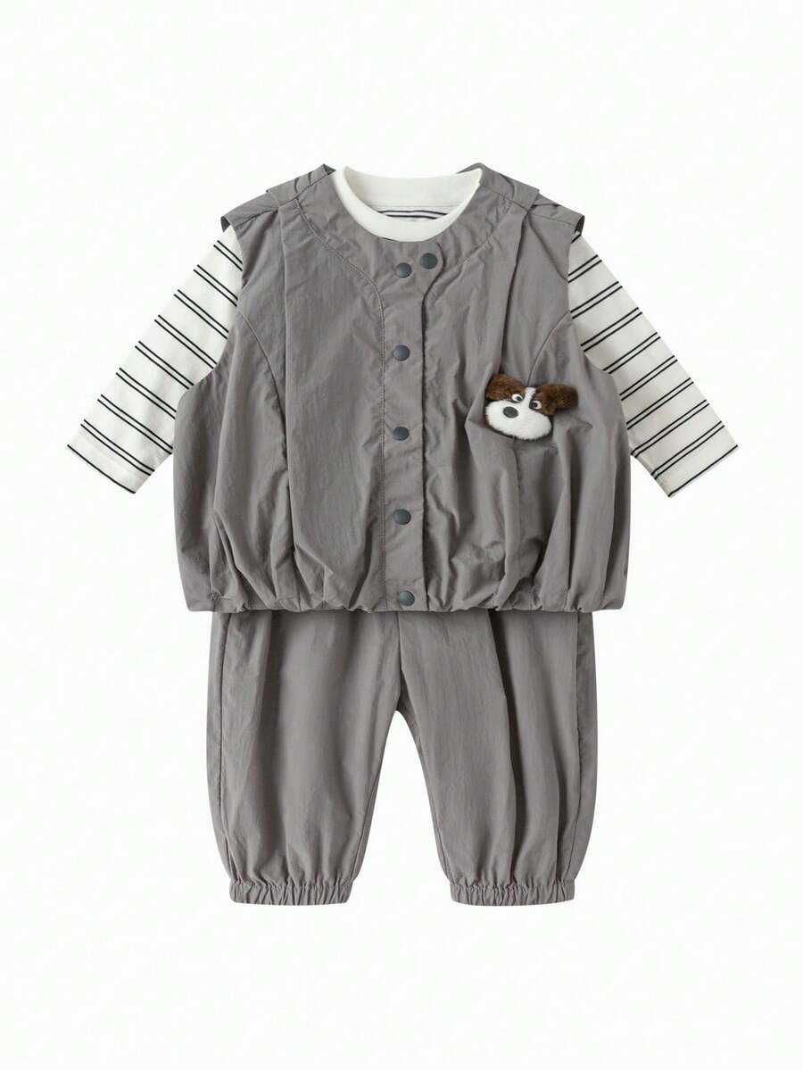 Balabala Cute Stylish 3‑Piece Kids Outfit Soft Casual Autumn Set For Toddler Boys & Girls - Brown Gray - View 1