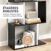 Boekenkast met 5 planken, S-vormig opbergmeubel met planken, opbergrek voor woonkamer, slaapkamer, kantoor, 60 x 24 x 184,5 cm, zwart, wit - A - Bekijken 7