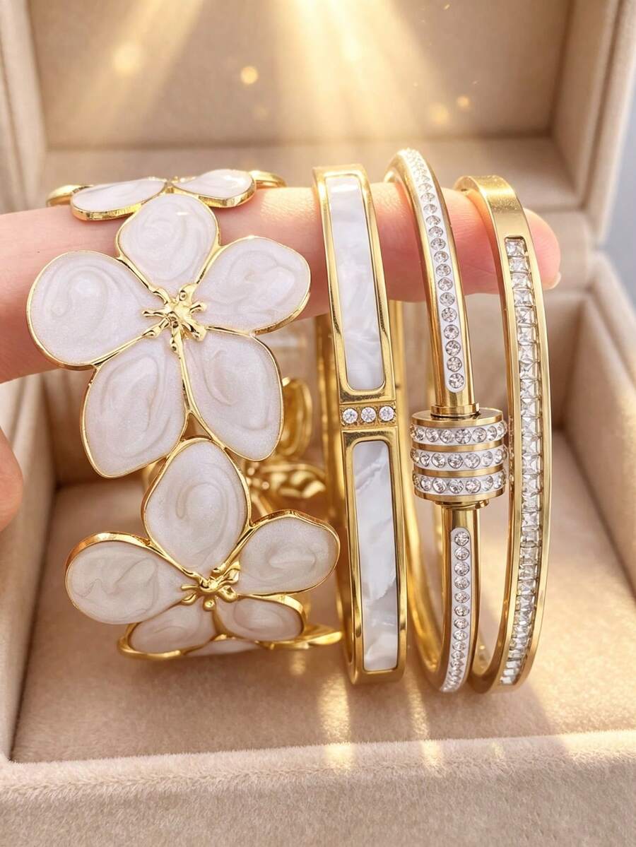 4/1pc Stackable Enamel Rhinestone Bracelet Set, 18K Gold Plated Stainless Steel Bangle, Minimalist Luxury Non-Fading Women's Wrist Accessory Gift