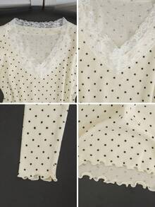 Korean Vintage Polka Dot Knit Long Sleeve Top, Lace Patchwork Deep V-Neck, Ruffle Hem And Cuffs, Slim Fit Base Layer - Apricot - View 9