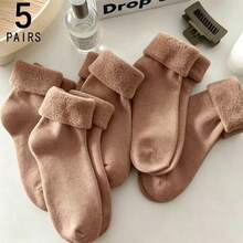 1/3/4/8/16 Pairs Women's Solid Color Warm Thermal Lined Mid-Calf Socks, Winter - Multicolor - View 44
