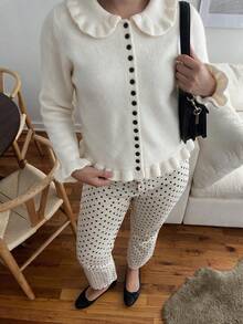 MORI Fall Winter Women Sweaters Casual Y2K Basic White Ruffle Trim Collar Button Front Long Sleeve Slim Fit Knit Cardigan Daily Outfits - White - View 9