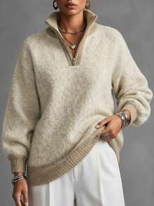 Plus Size Half Zip Collar Fluffy Knit Sweater, Long Sleeve Loose Slim‑Look Pullover Fall Winter Commute Casual Top - Camel - View 3
