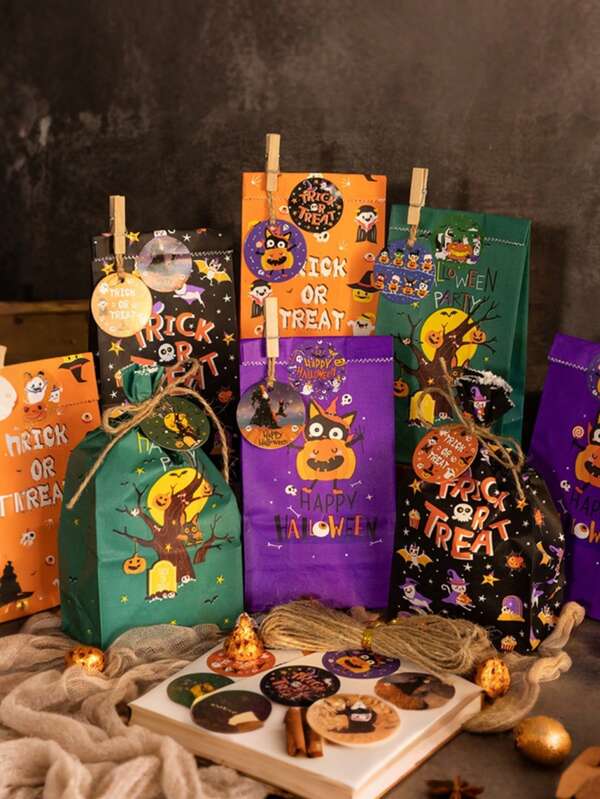 1 Set Halloween Bat Print Paper Gift Bag Set, Ghost, Pumpkin, Witch Pattern Candy Bags, With Matching Tags And Printed Stickers, Party Gift Packaging Bags, Halloween Party Favors, Atmosphere Decor, Suitable For Halloween Decoration, Party Gift Packaging Bags