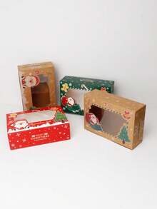 4pcs/12pcs/24pcs Christmas Window Gift Box Set, Xmas Santa Tree Kraft Treat Box With Transparent Window, Holiday Square Present Box,4 Designs Party Favor - View 7
