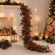 2pcs Artificial Winterberry Garland With Red Berries And Greenery - Realistic Plastic Christmas Wreath For Indoor/Outdoor Holiday Decor, Wedding, New Year - Red Fruit Rattan - View 5