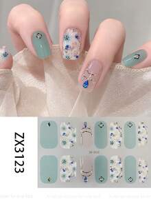 1 Sheet Sweet-Style Full-Coverage Nail Stickers. These Stickers Feature Solid Colors In Mint Green, Clear, And Pink, Accented With Floral Elements And Various Rhinestones, Making It Easy For Women And Girls To Create Beautiful Manicures. - Mint Green - View 2
