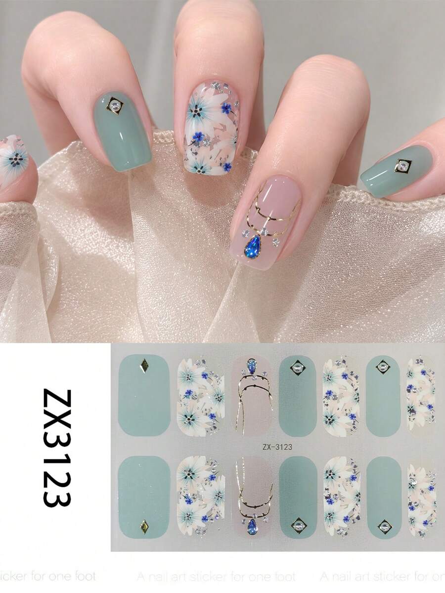 1 Sheet Sweet-Style Full-Coverage Nail Stickers. These Stickers Feature Solid Colors In Mint Green, Clear, And Pink, Accented With Floral Elements And Various Rhinestones, Making It Easy For Women And Girls To Create Beautiful Manicures.