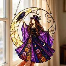 1pc Acrylic Sun Catcher Hanging Decor, Witch, Raven And Crescent Moon Design, Vibrant Mysterious Window Ornament, Gothic Nature Inspired Art - A - View 4