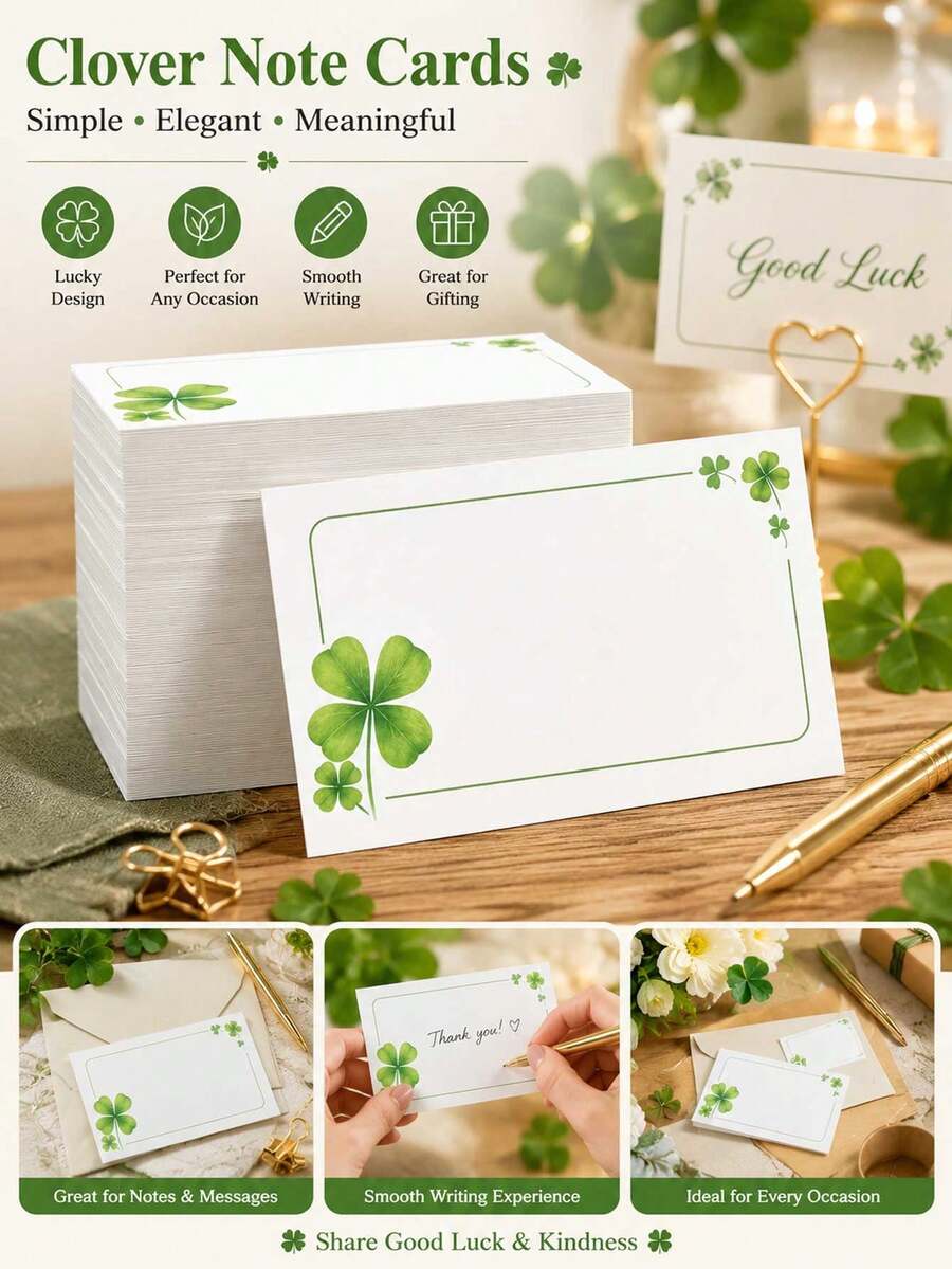 50 Sheets/Set Of Minimalist And Stylish Clover DIY Drawing Cards, Exquisite Clover Cards, Handwritten Greeting Cards, Suitable For Birthday Wishes, Doodles, Thanksgiving, Holidays, Christmas, Can Be Used With Envelopes. - View 1