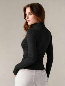 New Women's Solid Color Front Zipper Sports Jacket, Long Sleeve Minimalist Casual Lightweight Cardigan Jacket - Black - View 3