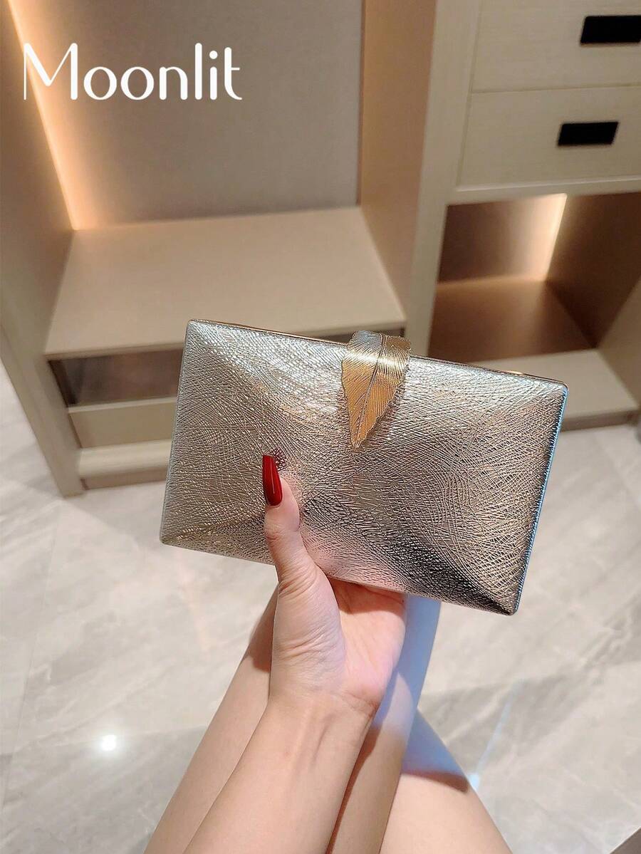 Moonlit EveBag Ladies' Stylish Metal Box Style Evening Bag With Shiny Leaf Clasp, Chain Strap, Perfect For Parties, Wedding, Dancing, Prom - Silver - View 1
