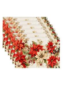 1pc Christmas Pattern Printed Table Runner, 4pcs Christmas Pattern Printed Placemats, Suitable For Holiday, Party, Birthday, Dinner, Kitchen Dining Table Decoration, All Season Room Decor, Home Textile Decoration Table Runner - Multicolor - View 9