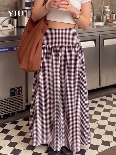 YIU Women's Casual Elegant Long Flare Ruffle Hem Woven Fabric Skirt, Fashionable Plaid Print