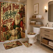 1pc/4pcs Christmas Santa Claus Multi-Functional Bathroom Decor Shower Curtain Set, Free 12 Hooks, Premium Holiday Atmosphere, Bathroom Mat, U-Shaped Rug And Round Toilet Lid Cover, Suitable For All Christmas Occasions - Santa Claus 2 - View 4