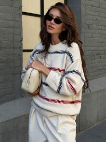 Sweater Rajut Desain Retro Musim Gugur/Musim Dingin, Pullover Leher Bulat, Blus Kasual Bahu Jatuh Bergaris, Atasan Rajut Lengan Panjang - Light Grey - View 1