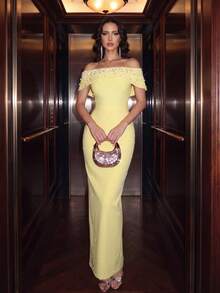 Nuevo vestido de vendaje elegante con cuello de chal, espalda descubierta y sexy, con una de perlas brillantes y diamantes de industria pesada, para damas en vestidos de cena - Amarillo - Ver 2