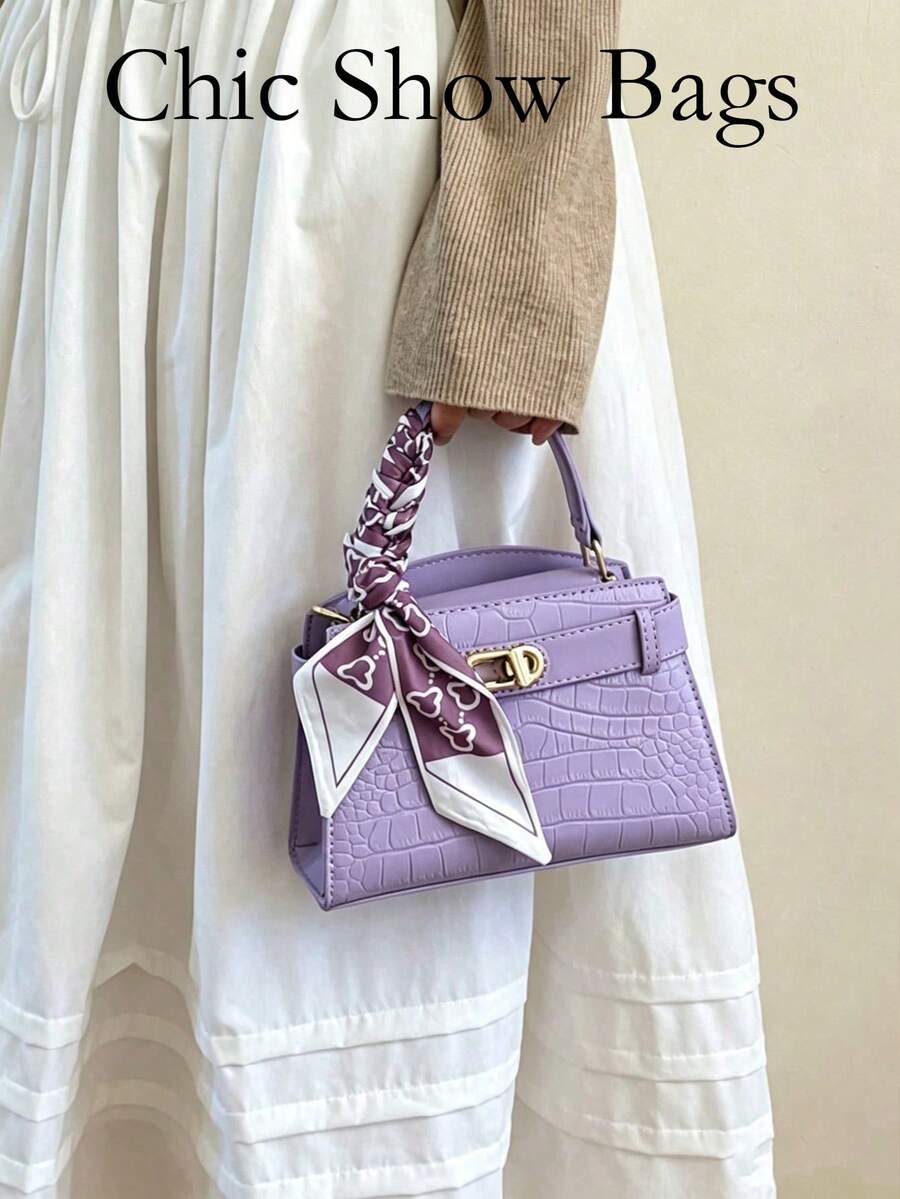 Elegant Lavender Purple PU Leather Handbag, Women's Structured Crossbody Bag With Scarf Decoration, Durable And Textured, Suitable For Commuting And Shopping