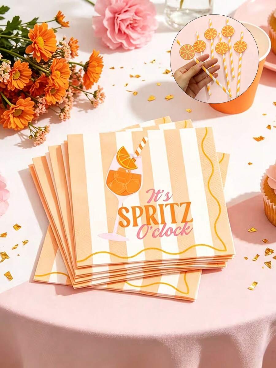 20/40pcs Orange White Striped Spritz Cocktail Napkins With Straws Set, Summer Pool Party Bachelorette Bridal Shower Garden Brunch Tableware, Paper Party Napkins, Gift For Party Hosts - Multicolor - View 1