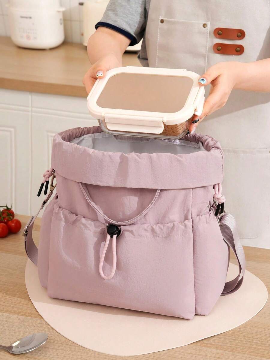 1pc Japanese Style Drawstring Large Capacity Insulated Lunch Bag, Leak-Proof Crossbody Bento Bag (With Adjustable Shoulder Strap/Dual Handles), Portable Reusable Cooler Bag, Suitable For Back To School/Work/Picnic/Travel