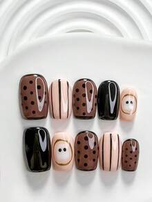 Halloween Theme 10pcs Cute Handmade Press-On Nails Polygel Nail Art Set, Polka Dot Ghost Design, Black White Brown Color Scheme, Unique Style, Includes Nail Tools, 3 Sizes Available: Square/Short Square/Almond Shape, Suitable For Party, Ball And Daily Wear - Multicolor - View 13