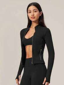TimeOff Women's 1pc Solid Color Stand Collar Zipper Side Pocket Thumb Hole Jacket Coat, Autumn/Winter - Black - View 6