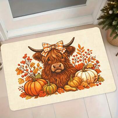 1pc Autumn Highland Cow Pumpkin Maple Leaf Flannel Mat Entrance Door Mat Kitchen Bathroom Non-Slip Water-Absorbing Mat Home Decoration Mat