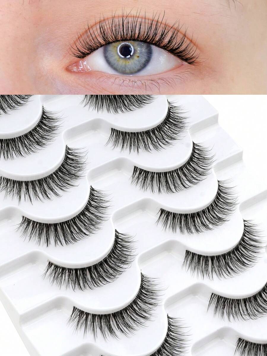 10 Pairs Natural Short Full Strip False Eyelashes, 3D Artificial Cross Handmade Transparent Stem Reusable, Lightweight Soft Curly Strip Lashes, Suitable For Girls Daily, Club, Work Wear