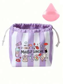 Striped Cosmetic Bag With Cosmetic-Themed Print, Large‑Capacity Portable Travel Toiletry Pouch, Multifunctional Storage Organizer For School Shopping Spring Outing, Back‑To‑School Birthday Wedding Gift - Multicolor - View 12