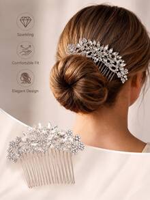 topshiny Elegant Crystal Diamond Bridal Hair Comb, Shiny Alloy Flower Side Hair Comb Hair Accessory Suitable For Bridal Updo, Wedding, Party And Evening Dress - Silver - View 9