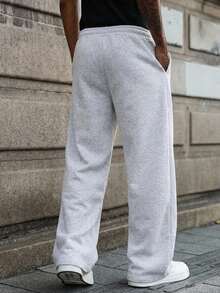 Men's American Lazy Style Floral Gray Wide Leg Sweatpants, 3D Pleated Elastic Drawstring Drape Floor-Length Loose Straight Leg Casual Sports Long Pants - Light Grey - View 6