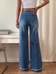 Women's Straight Leg Jeans, Mid-Waist Stretch Denim With Front And Back Pockets, Frayed Hem, Elegant Versatile Jeans For Autumn, Suitable For Various Occasions - Blue - View 4