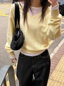 (Excluding White Inner Layer) 1pc Solid Color Knit Women's Sweater, V-Neck Light Yellow Top For Home, Office, Daily Wear In Autumn/Winter - Light Yellow - View 1