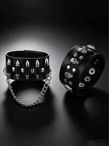 2pcs Punk Style Geometric Chain Bracelet + Rivet Skull Bracelet, Suitable For Men's Daily Punk Streetwear, Exquisite Bracelet Gift For Men - Black - View 1