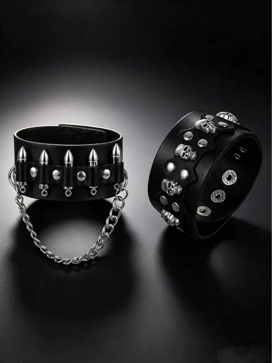 2pcs Punk Style Geometric Chain Bracelet + Rivet Skull Bracelet, Suitable For Men's Daily Punk Streetwear, Exquisite Bracelet Gift For Men - Black - View 1
