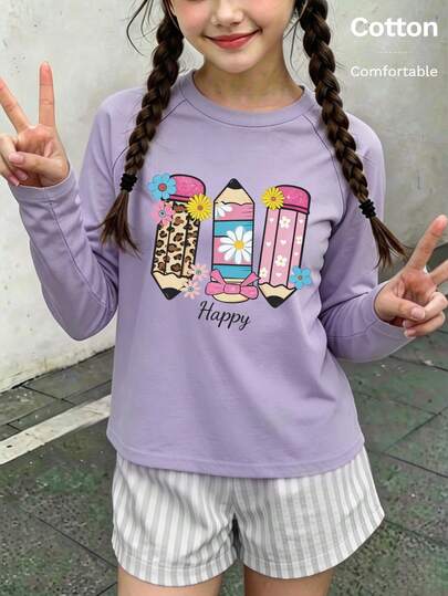 Autumn Girls Long Sleeve Tee With Colorful Pencil Print, Leopard Floral Stripes & Happy Text - Y2K