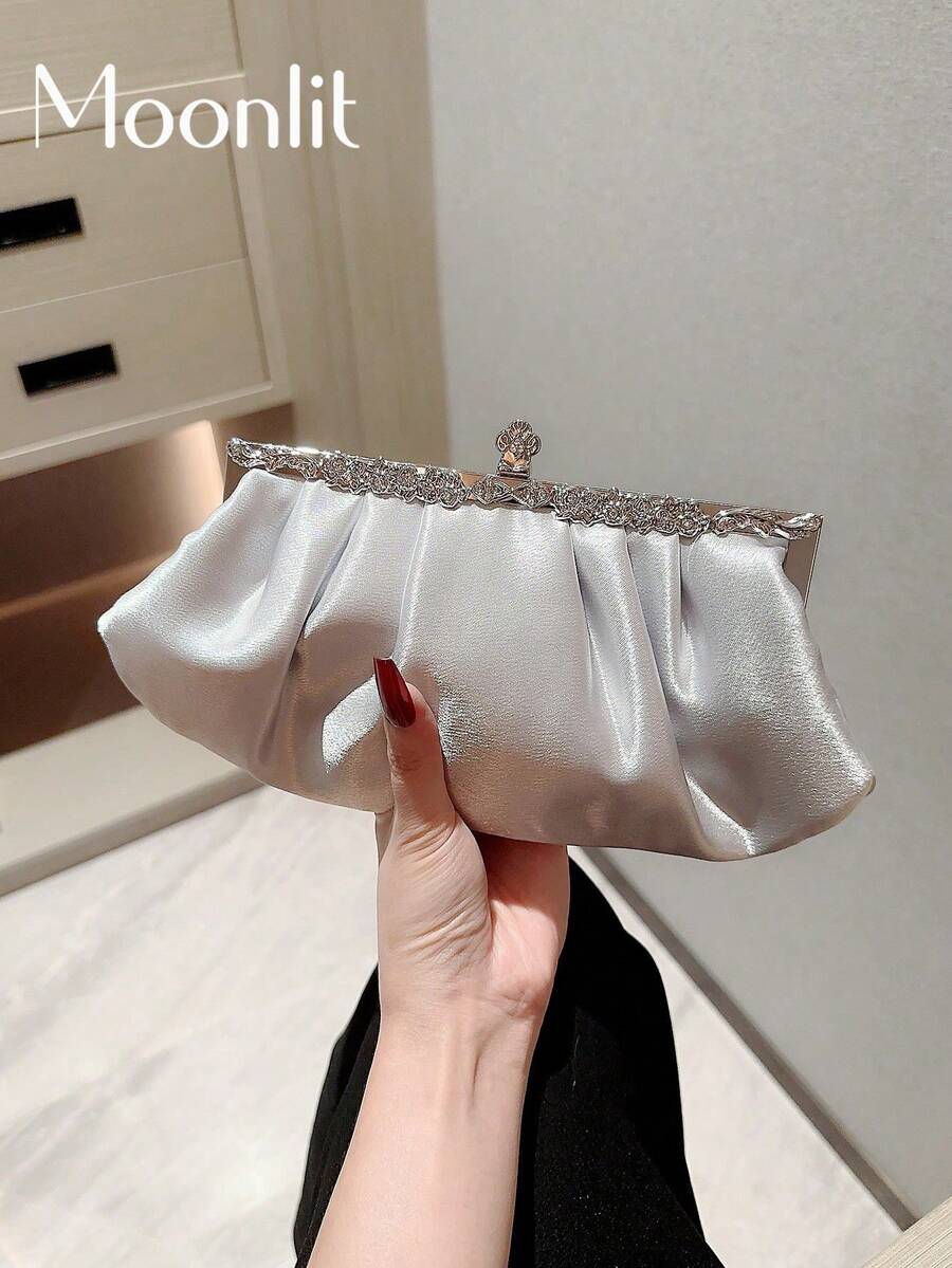 月夜女郎包女士精美緞面晚宴手拿包,鑲有鑽石裝飾,派對禮服包,舞會包,晚宴包,鏈帶手提包,皇家藍色 - 銀色 - 查看 1
