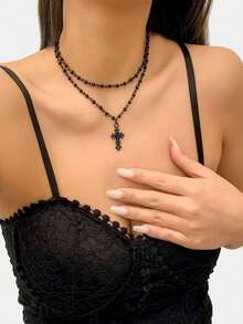 1pc Star Tassel Single Layer Round Disc Necklace With Star Pendant - Black - View 8