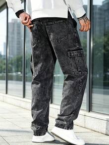 Celana Jeans Kargo Pria dengan Saku Lipat Samping, Celana Jeans Kargo Panjang Lurus Warna Polos Abu-abu Tua, Hadiah yang Cocok untuk Suami atau Pacar - Hitam - View 3