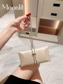 女士时尚水钻装饰缎面盒式手拿包晚宴包，适合正式派对、圣诞舞会和鸡尾酒会 - 香檳色 - 查看 1