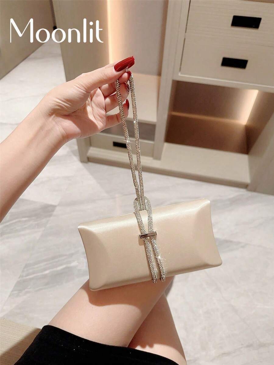 女士时尚水钻装饰缎面盒式手拿包晚宴包,适合正式派对、圣诞舞会和鸡尾酒会 - 香檳色 - 查看 1