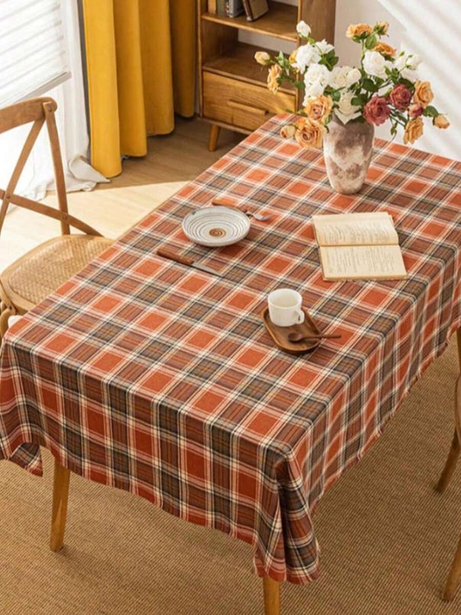 1pc Autumn Vintage Warm Yellow Plaid Tablecloth, Retro Country Style Dining Table Cloth, Home Restaurant Decor Table Cover - Rust Red - View 1