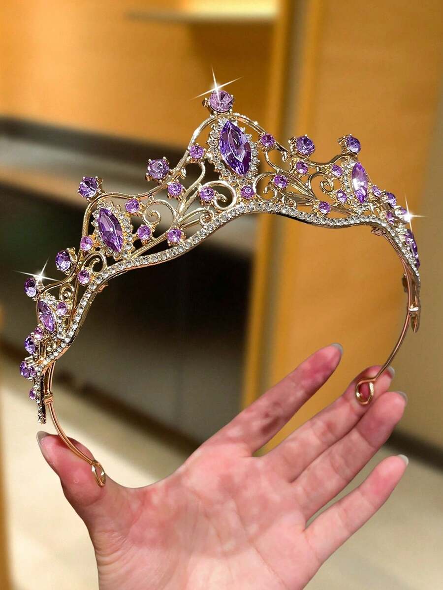 1pc Women's Luxury 3D Rhinestone Crown, Elegant Light Luxury Style, Women's Headband, Suitable For Various Holiday Accessories, Bridal Headpiece, Bridesmaid Accessories And Birthday Gifts - Purple - View 1