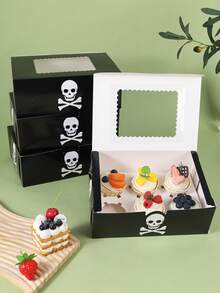 3/6/10/14/16pcs Cake Boxes With Transparent Window, Black Rectangular Baking Boxes, Skull And Crossbones Design, Foldable Storage Boxes, Suitable For Halloween Party, Birthday, Celebration, Dessert Packaging, Party Supplies - Multicolor - View 4