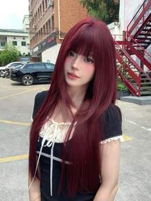 alicegarden 28-Inch Long Synthetic Wig Featuring A Natural Straight Style A Stunning Burgundy. Designed With Bangs , This False Hairpiece Is Perfect For Ms Daily Party Cosplay Use, Offering A Natural And Natural Durable Wig Gift For Ladies., Halloween - Burgundy - View 4